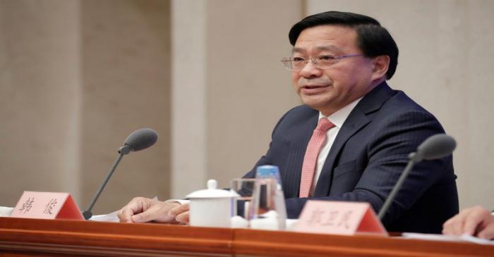 Chinese Vice Minister of Agriculture and Rural Affairs Han Jun attends a news conference on the