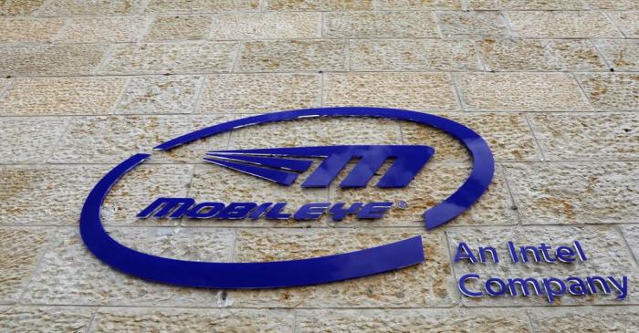 The logo of Israeli technology firm Mobileye is seen on the building hosting their headquarters