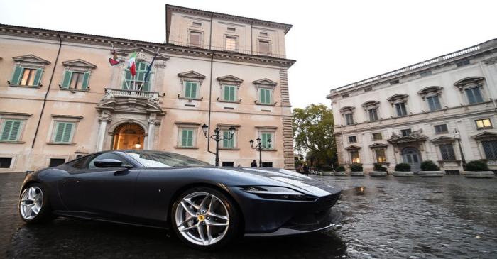 FILE PHOTO: The new Ferrari Roma is senn outside the Quirinale Presidential Palace in Rome