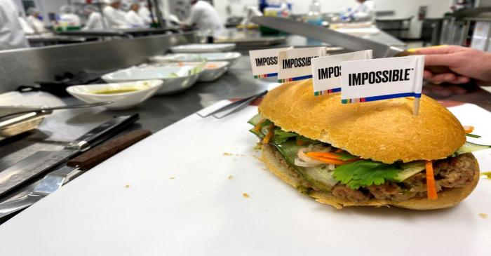 A banh mi sandwich made with a plant-based Impossible Pork patty at the Impossible Foods