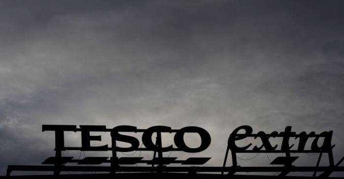 Signage is seen outside a Tesco extra superstore near Manchester