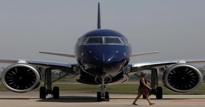 FILE PHOTO: E2-195 plane with Brazil's No. 3 airline Azul SA logo is seen during a launch event