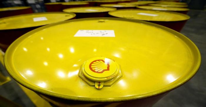 Filled oil drums are seen at Royal Dutch Shell Plc's lubricants blending plant in the town of