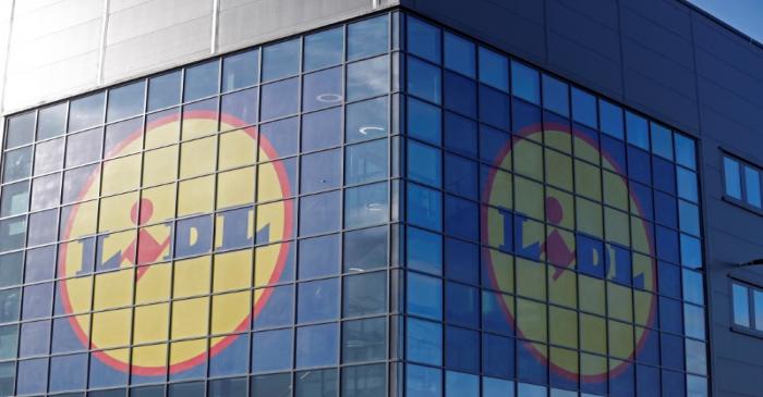 Lidl's logos are seen on the exterior of its new Scottish distribution centre as it commences