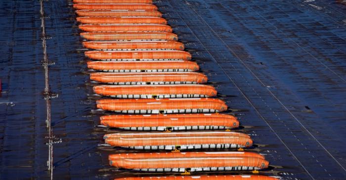 FILE PHOTO: Airplane fuselages bound for Boeing's 737 Max production facility sit in storage at