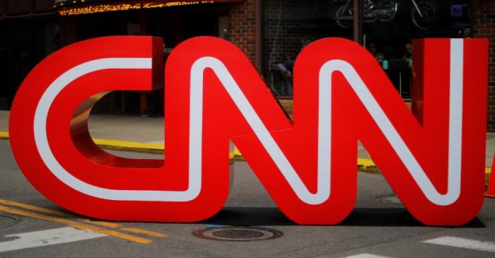 The CNN logo stands outside the venue of the second Democratic 2020 U.S. presidential