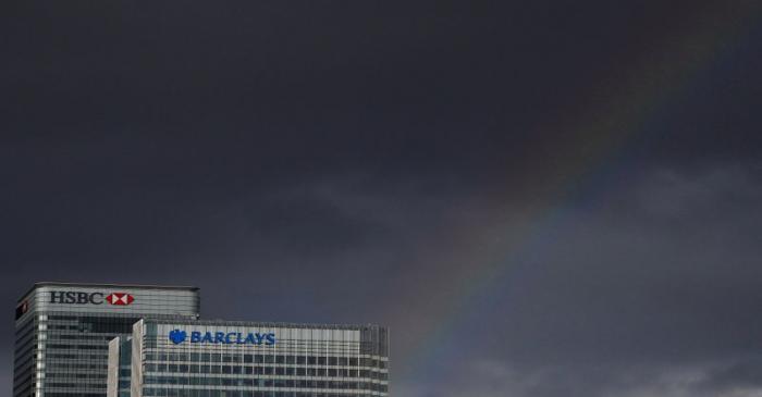 FILE PHOTO: A rainbow appears over HSBC and Barclay's buildings in the Canary Wharf financial