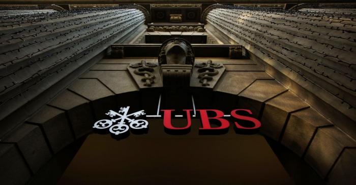 The logo of Swiss bank UBS on a building in Zurich