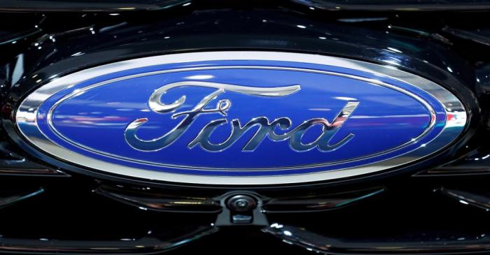 FILE PHOTO: The corporate logo of Ford is seen at Brussels Motor Show