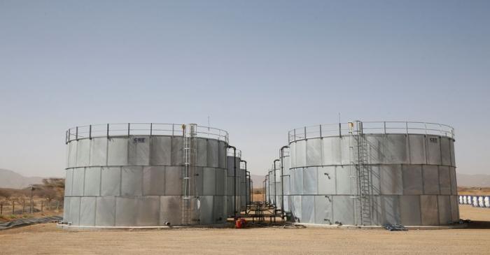 Storage tanks are seen at Tullow Oil's Ngamia 8 drilling site in Lokichar