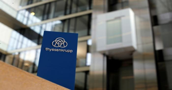 FILE PHOTO: The logo of Thyssenkrupp is seen near elevators at its headquarters in Essen,