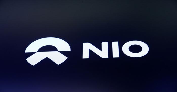 FILE PHOTO: Chinese electric vehicle start-up Nio Inc. company logo is on display on its