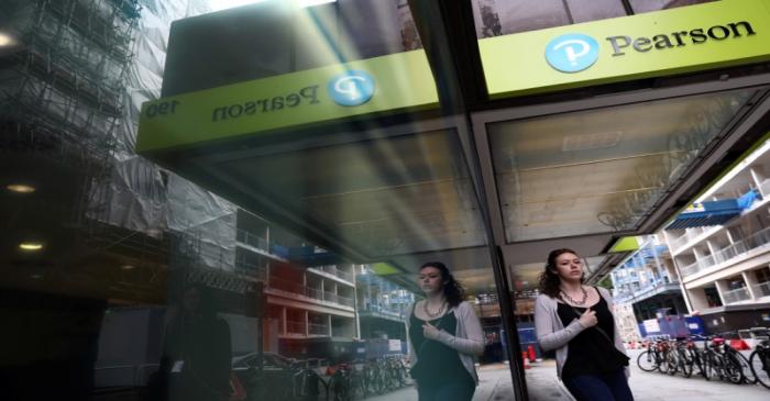 FILE PHOTO: The company logo is displayed outside the Pearson offices in London