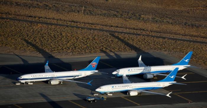 An aerial photo shows China Southern Airlines and Xiamen Airlines Boeing 737 MAX 8 aircraft at