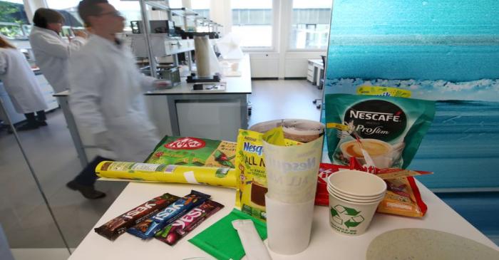 Packagings are pictured during a media visit for the inauguration of the Nestle Institute of