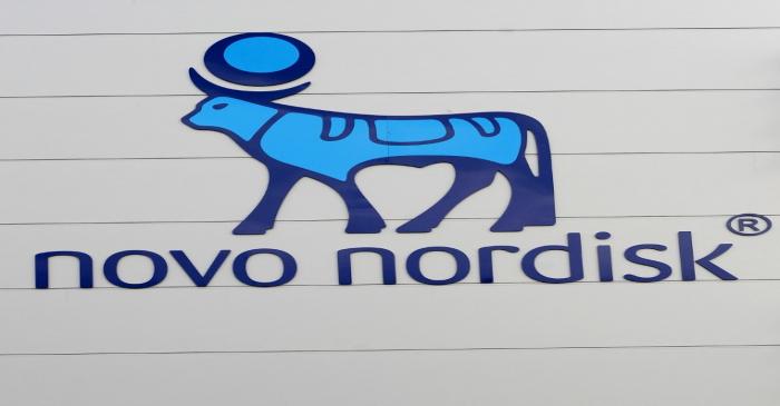 The logo of Danish multinational pharmaceutical company Novo Nordisk is pictured on the facade