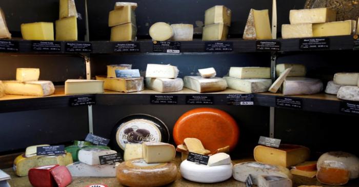 FILE PHOTO: Pieces of cheese are seen inside Beaufils cheesemonger in Paris