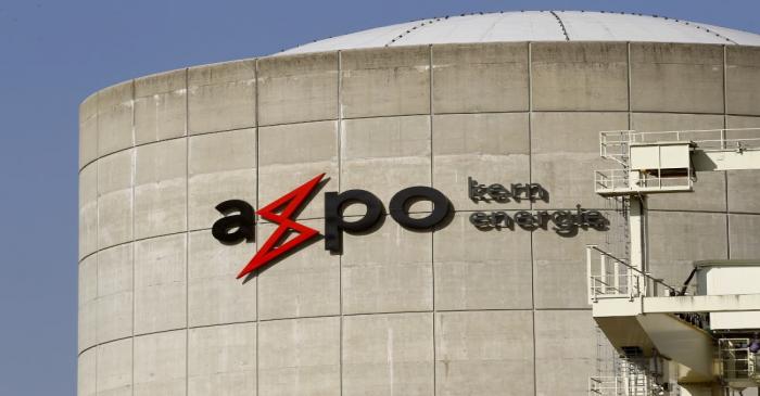The logo of Swiss energy provider Axpo is seen at the Beznau nuclear power plant near the Swiss