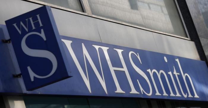 FILE PHOTO: A company logo is pictured outside a branch of WH Smith in Manchester northern