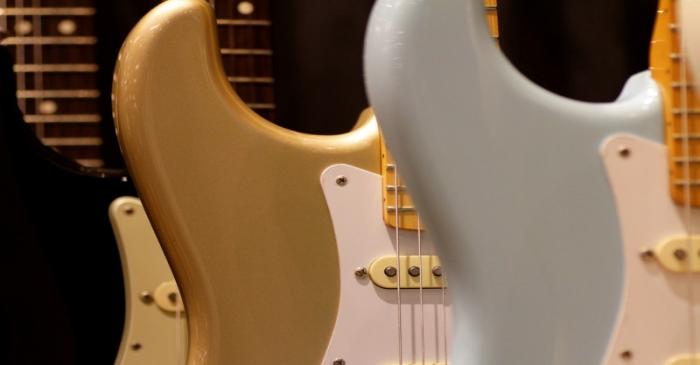FILE PHOTO: Fender Stratocaster guitars are displayed at a store