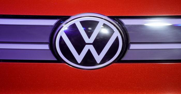 FILE PHOTO: A Volkswagen logo is seen at a construction completion event of SAIC Volkswagen MEB