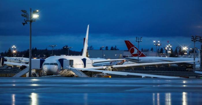 FILE PHOTO:  A white 777X is pictured at Boeing's facility in Everett