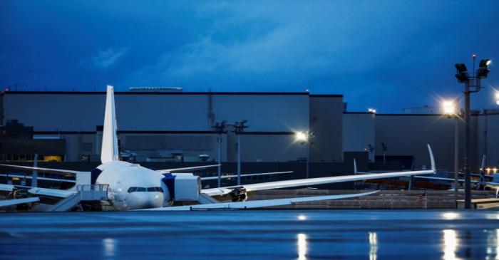 FILE PHOTO: A white 777X is pictured at Boeing's facility in Everett