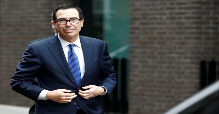 U.S. Treasury Secretary Steven Mnuchin arrives at Chatham House in London