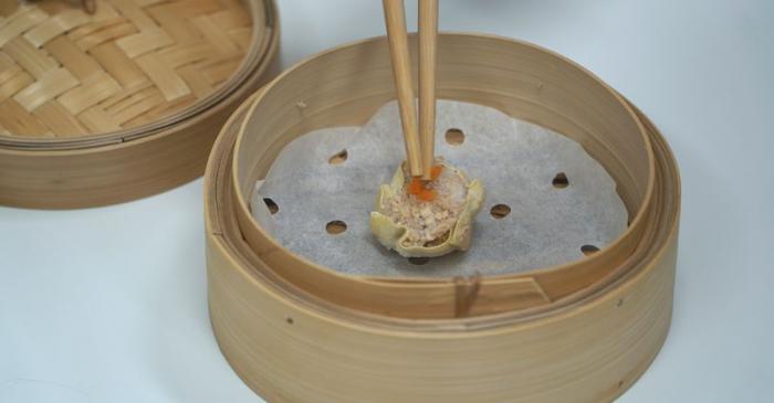 Frozen dumpling made of lab-grown shrimp meat is seen at Shiok Meats in Singapore