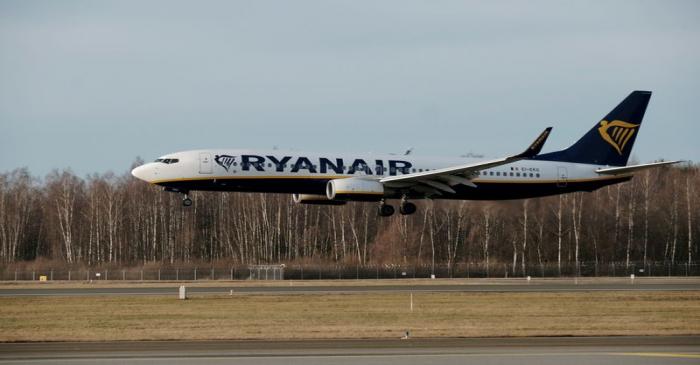 FILE PHOTO: Ryanair Boeing 737-8AS plane EI-EKG lands in Riga International Airport in Riga