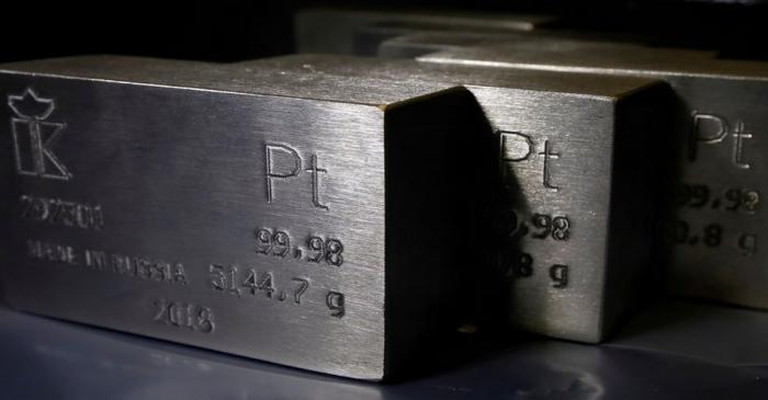 FILE PHOTO: Ingots of 99.98 percent pure platinum are seen at the Krastsvetmet non-ferrous