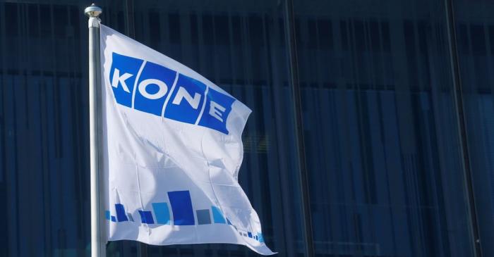 Finnish company KONE flag flutters at their headquarters in Espoo