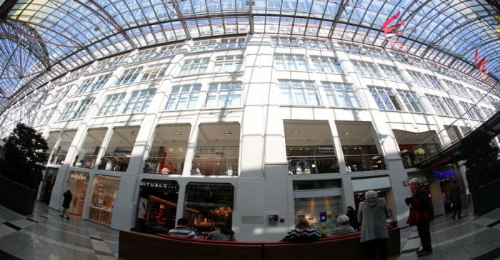 The Goethe Galerie shopping mall next to the headquarters of Jenoptik is pictured in Jena
