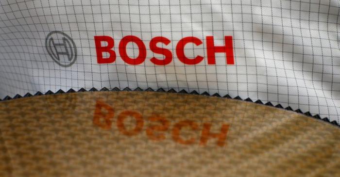 The Bosch logo is reflected in a semiconductor wafer in Reutlingen