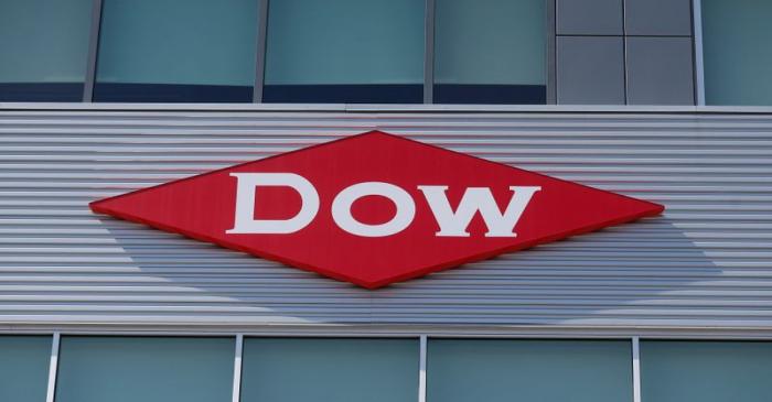 The Dow logo is seen on a building in downtown Midland, Michigan