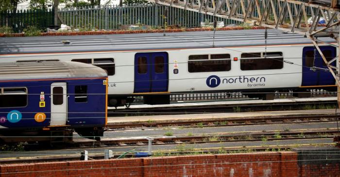 A Northern Rail train is parked at Stockport railway station in Stockport