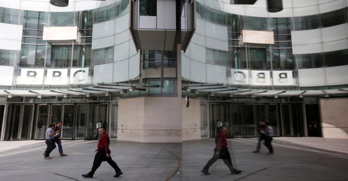 The main entrance to the BBC headquarters and studios in Portland Place, London