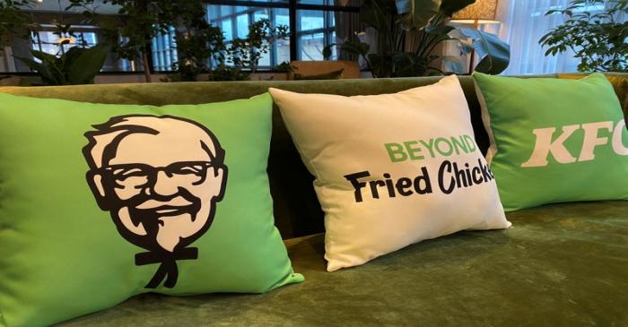 Cushions with Beyond Meat and KFC branding are seen in Chicago