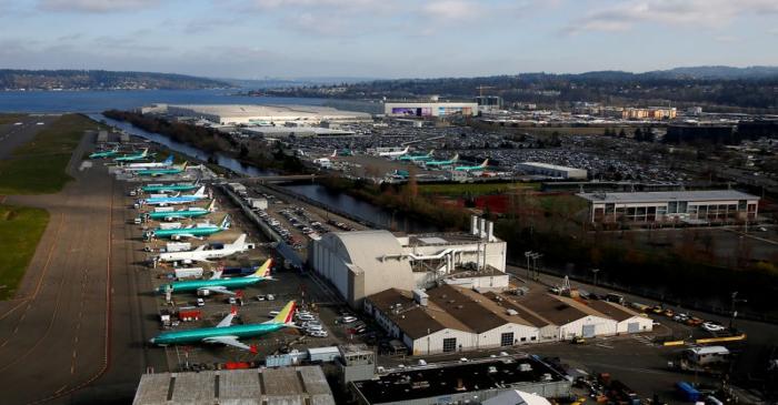 FILE PHOTO: An aerial photo shows Boeing airplanes, many 737 MAXs, parked on the tarmac at the