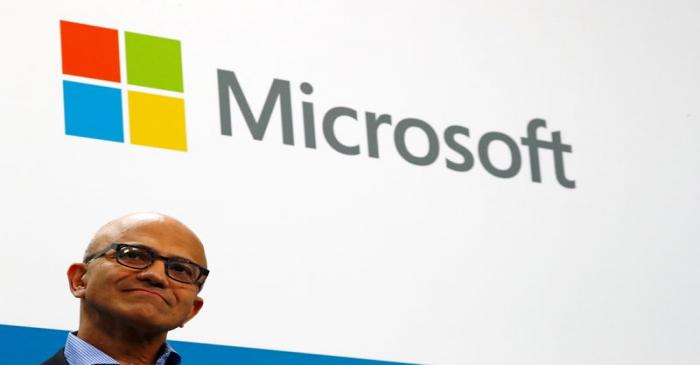 FILE PHOTO: Microsoft CEO Satya Nadella addresses a news conference in Berlin