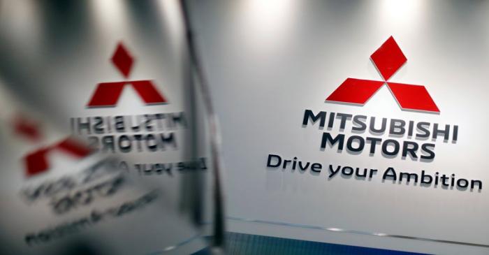 The logo of Mitsubishi Motors Corp is displayed at the company's showroom in Tokyo