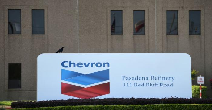 An entrance sign at the Chevron refinery, located near the Houston Ship Channel, is seen in