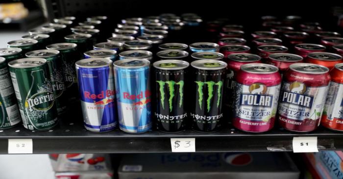 FILE PHOTO: Prices of energy drinks are seen in U.S. dollars at a 