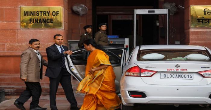 India's Finance Minister Nirmala Sitharaman arrives at her office before leaving for parliament