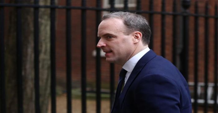 Britain's Foreign Secretary Dominic Raab is seen outside Downing Street in London