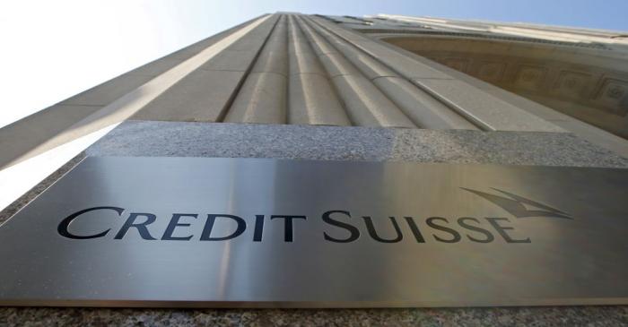 FILE PHOTO:  A Credit Suisse sign is seen on the exterior of their Americas headquarters in the