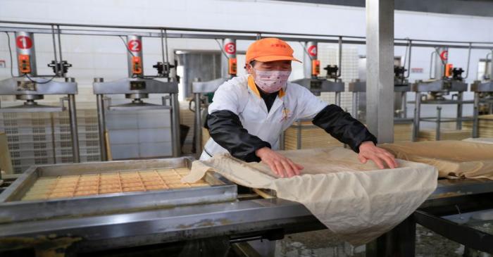 Worker wearing a face mask works on a production line manufacturing soybean-based food products