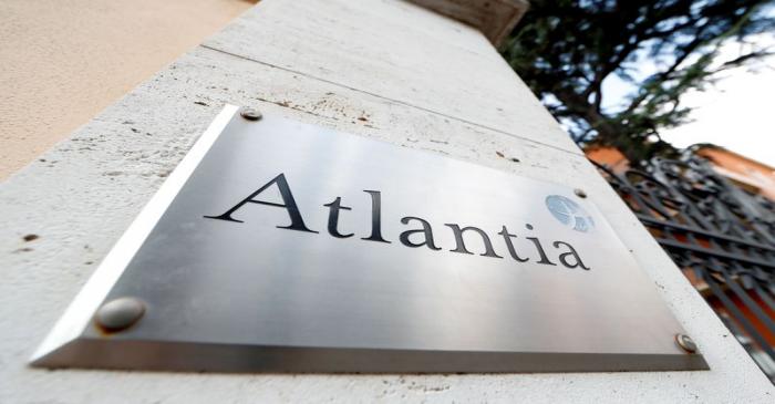 FILE PHOTO: An Atlantia sign outside the company's headquarters in Rome