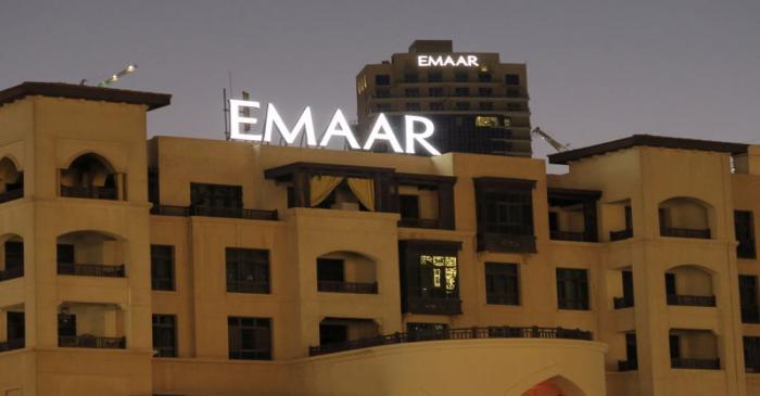 A logo of Dubai's Emaar Properties is seen on a building in Dubai