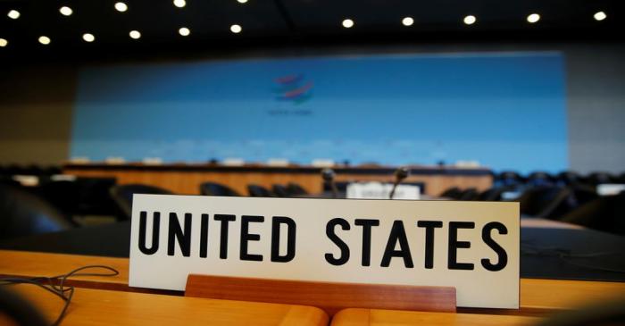 The name place sign of United States is pictured on the country's desk before the General